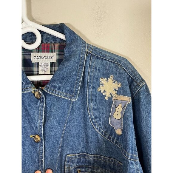 Vintage Patchwork Denim Jacket XL Blue Festive Holiday Neutral Country Farm 80s - Picture 6 of 9